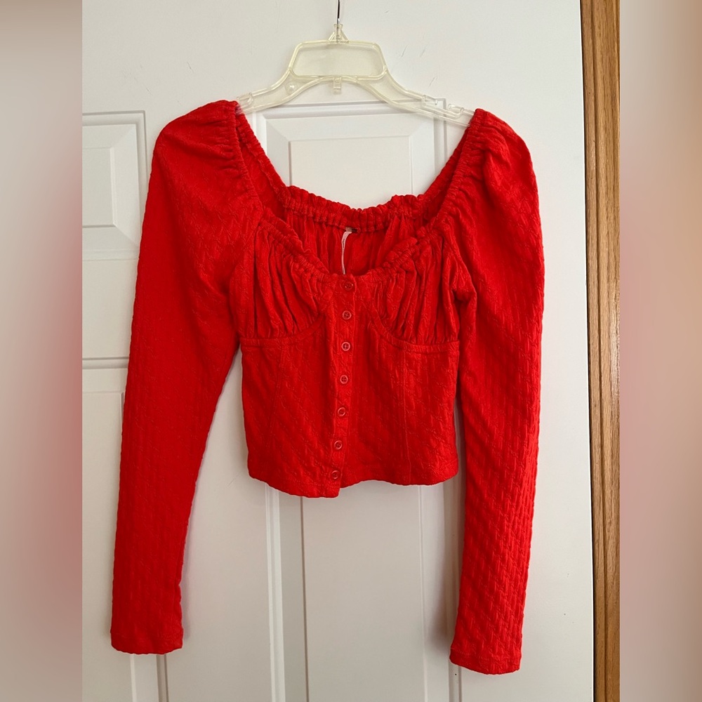 Free People Red Long Sleeve Button-Front Crop Top